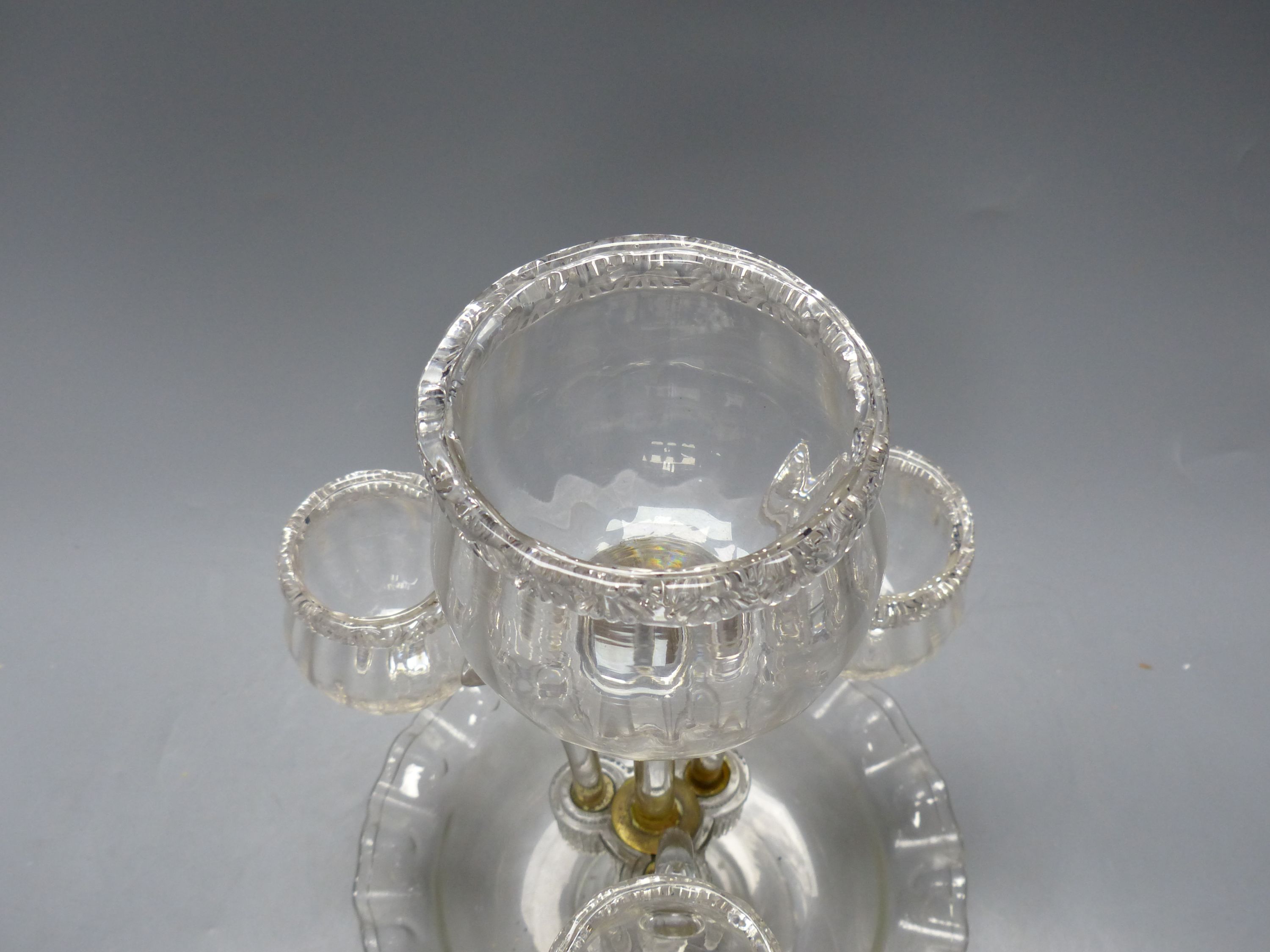 A three branch four section glass epergne, height 35cm